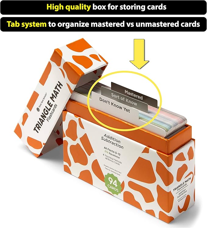 Think Tank Scholar Triangle Addition & Subtraction Flash Cards Set (376 Math Equations), All Facts 0-12 - Color Coded, for Kids in Kindergarten, 1ST, 2ND & 3RD Grade - Has Three Corners