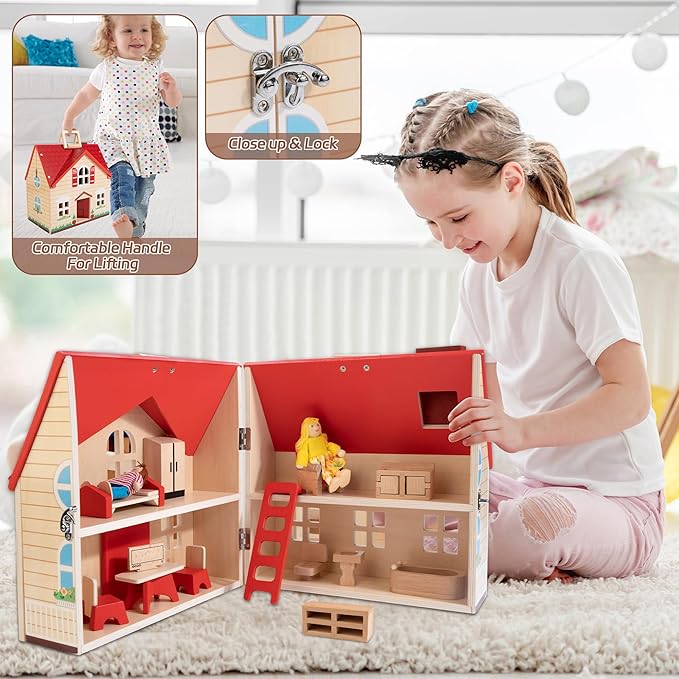 Foldable Wooden Dollhouse with 13pcs Furniture, 4 Rooms and 2 Flexible Dolls, Pretend Play House Set with Portable Handle, Christmas Birthday Gift for Boys Girls Kids Age 3+
