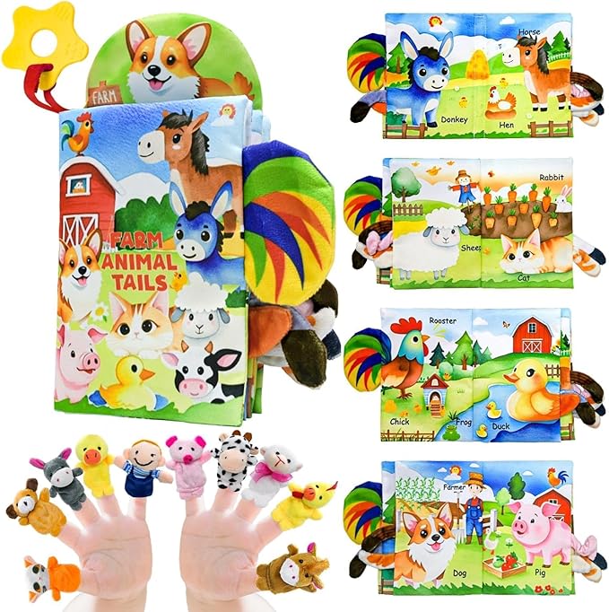 Farm Crinkle Books for Babies with 10 Finger Puppets Set, Touch and Feel Cloth Soft Farm Animal Tail Baby Books 0-6 Months with Teething Toy, Infant Toys 6-12 Months, Baby Christmas Shower Gifts