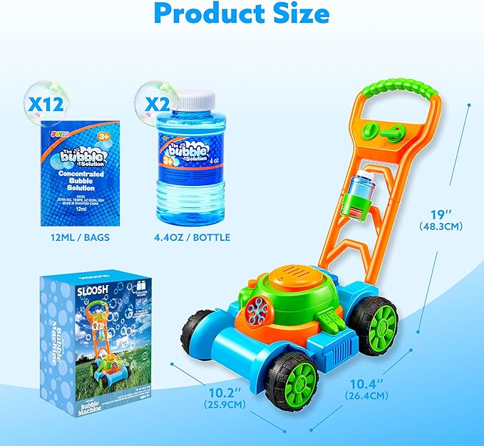 SLOOSH Bubble Lawn Mower Toddler Toys - Spill-Proof Bubble Machine Pretend and Play Toy for Toddler Age 1 2 3 1-3 Year Old Indoor Outdoor Use, Push Toys Baby Boys Xmas Christmas Birthday Gifts (Blue)
