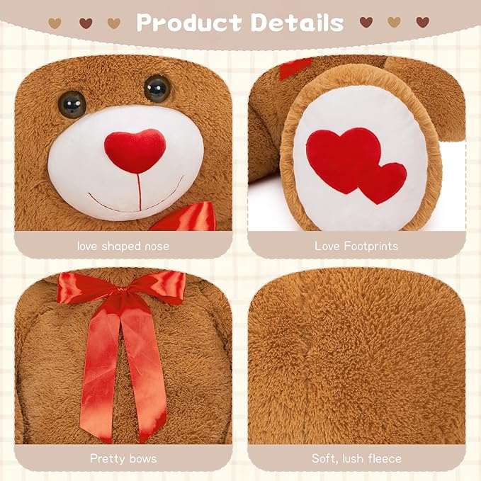 Tezituor Giant Teddy Bear Stuffed Animal 4ft with Love Red Heart - Large Plush Toys for Valentines Christmas Birthday, Dark Brown