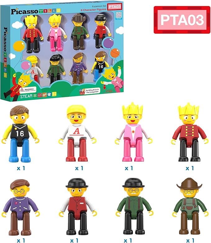 PicassoTiles Magnetic Tiles Compatible 8pc Character Action Figures Arms Legs Move in Different Directions Magnet Tile Toddler Picasso Add On Set Educational Toddlers Toy Pretend Play Ages 3+ PTA03