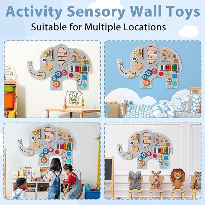 Large Elephant Wooden Activity Wall Panel Christmas Gift Educational Montessori Toy for Toddler Kids Interactive Sensory Activity Busy Board Daycare Learning Center Toddler Room Decor