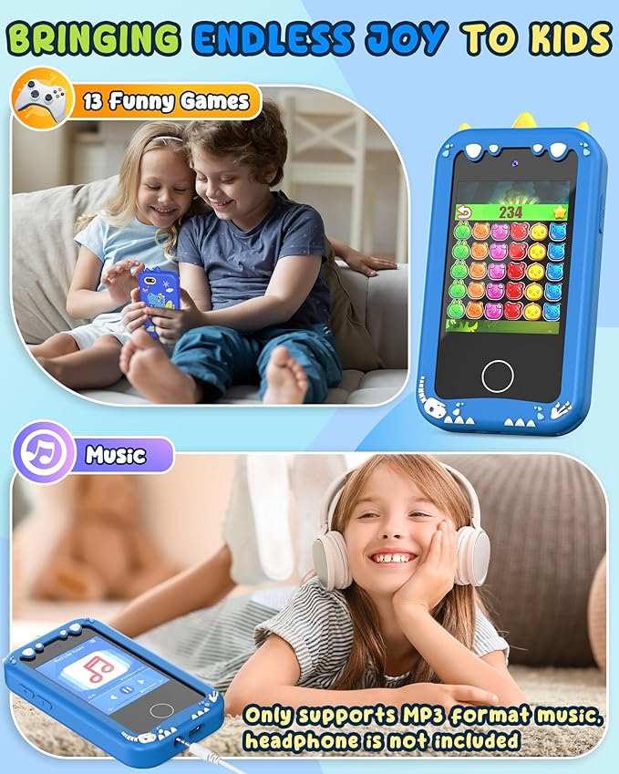 UCIDCI Dinosaur Kids Smart Phone Toys for Boy Dual Camera & Music Player Toddler Selfie Phone Toys Road Trip Toys with Learning Games, Christmas, Birthday Gifts for 3 4 5 6 7 Year Old Blue