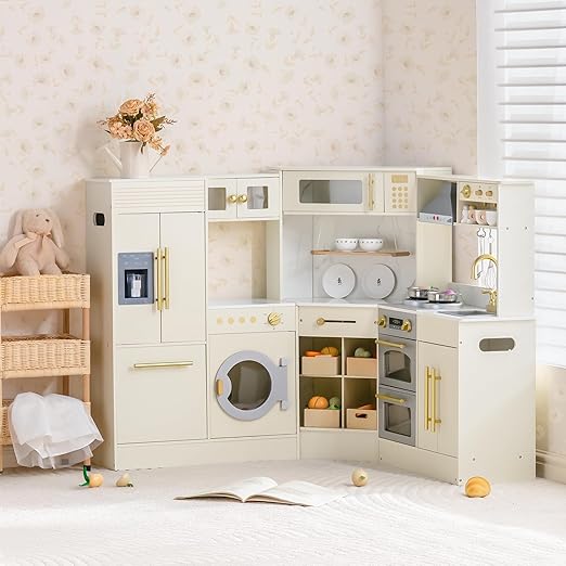 ROBOTIME Kids Kitchen Playset, Corner Wooden Play Kitchen with Fridge, Oven, Sink, Microwave & Washer, Realistic Lights & Sounds, Toddler Wooden Kitchen Toy Gift for Boys & Girls Ages 3+