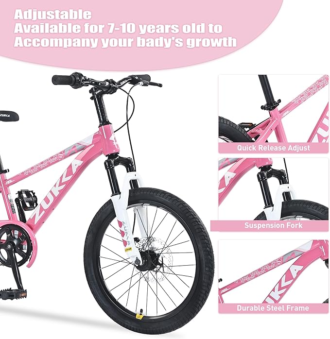 ZUKKA Kids Bike 20/24 Inch Mountain Bike Dual Disc Brake Suspension Fork Single Speed for Ages 7-12 Boys and Girls Youth Bicycle, Multiple Colors