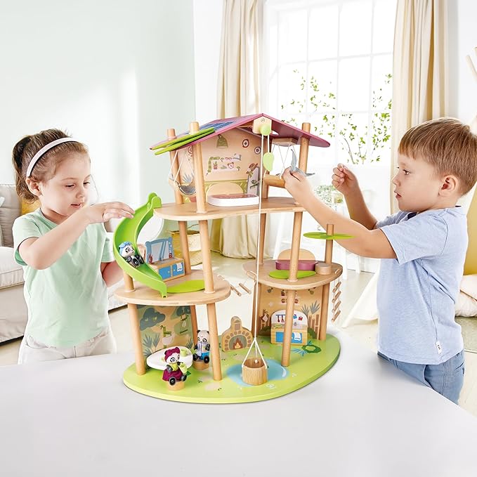 Hape Pandas’ Bamboo House, Green Planet Explorers | Educational Toy Doll House with Furniture, for Children Ages 3+ Years