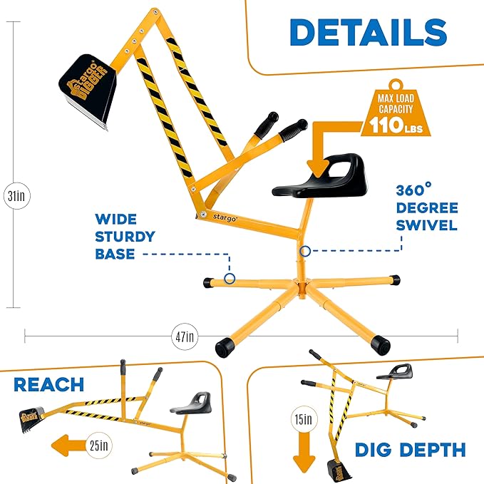 Stargo Sand Digger Kids Excavator Ride on Toy, Beach Toys Outdoor Sandbox Toy Digger for Kids, Solid Steel Rotates 360, Role Play, Sand Toys