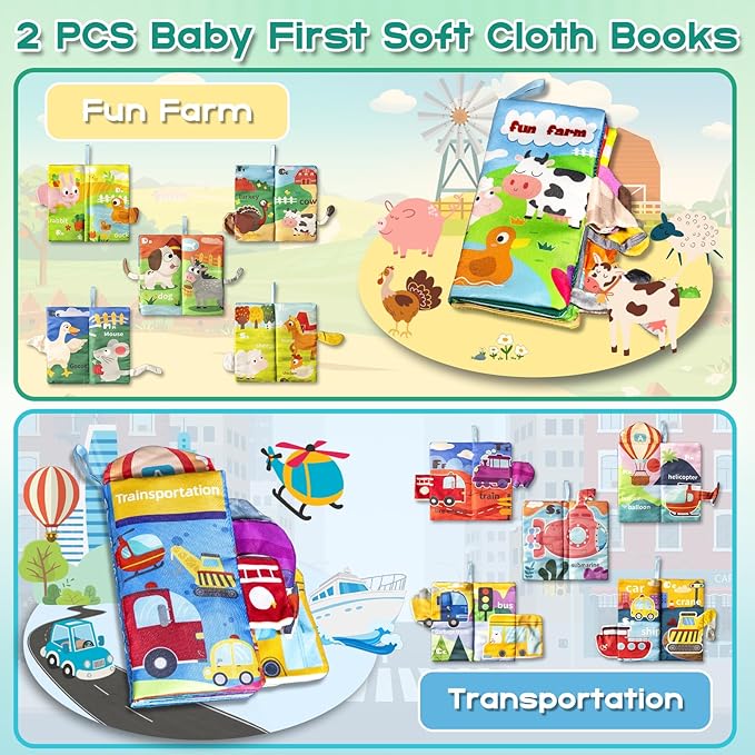 Soft Book Toys for Babies 0-18 Months, 2PCS Crinkle Cloth Books – Farm Transportation Themes, Tails Sensory Book with Rings for Hang, Montessori Early Learning Infant Toy for 0-6-12-18 Month