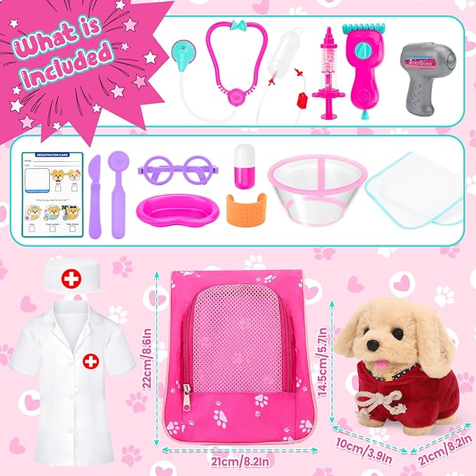 deAO Dog Toys for Kids Doctor Kit,Walking Barking Electronic Interactive Stuffed Dog with Veterinarian Costume, Pet Backpack, Pretend Play Vet Kit Christmas Birthday Gifts for Boys Girls 3+ Years Old