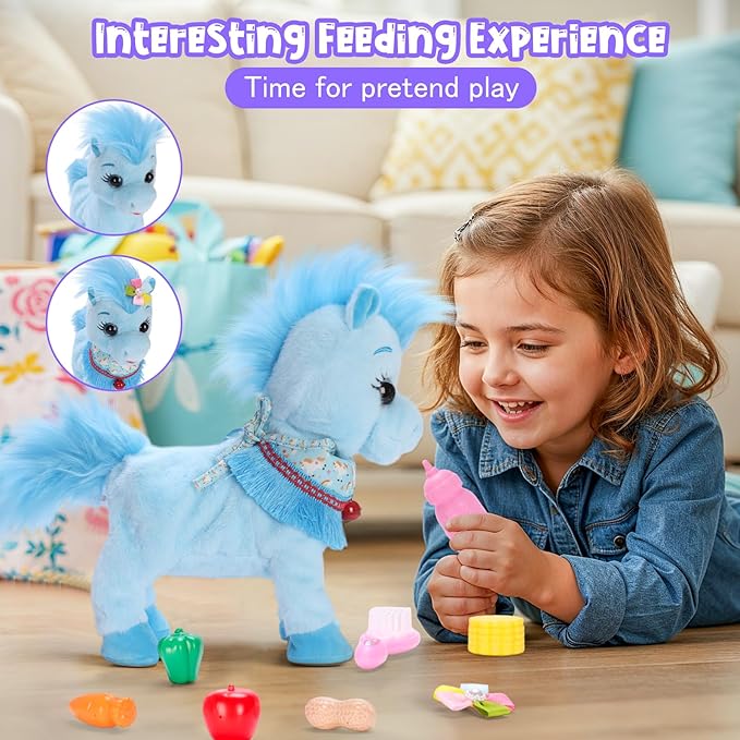 Blue Interactive Walking Singing Pony, Toy Horse Talking Dancing Pony with Leash, Electric Plush Pony Horse Pet Toy for Toddler, Nod Lick Wag Repeat What You Say 3+ Girl Boy Kid