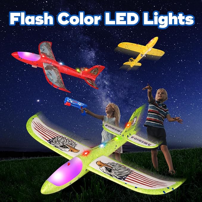 3 Pack Airplane Launcher Toy for Kids, 12.6" LED Foam Glider Plane, 2 Flight Mode Catapult Plane Boy Toys with Stickers, Outdoor Flying Toys Birthday Gifts for 4 5 6 7 8 9 10 12 Year Old Boys Girls