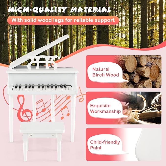 30-Key Kids Piano Keyboard, Mini Grand Piano for 3 Years+, Toddler Musical Instrument with Stool & Removable Music Stand, Wooden Baby Music Toys Gifts for Beginners, Girls & Boys