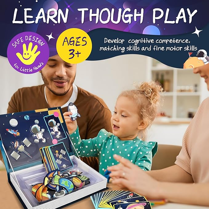 Space Magnetic Travel Game Montessori STEM Quiet Toys for Toddlers 3-5 with 38 Magnets & 16 Activity Cards - Educational Astronaut Magnetic Puzzles Airplane Toy for Kids Ages 3+