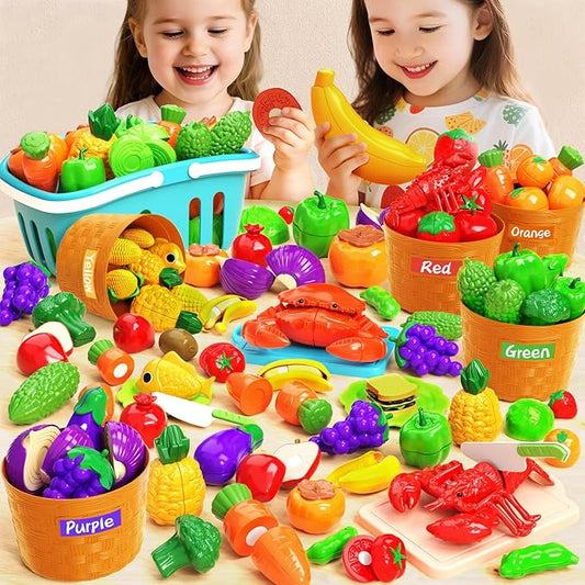 Toddler Toys Play Food Set, Learning Toy Cutting Food with Color Sorting Basket, Pretend Play Kitchen for Toddler 1-3 Preschool Learning Activities Montessori Toys for 1 2 3 Year Old Toddlers Kids