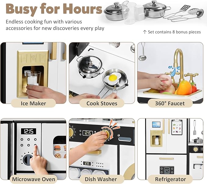 Play Kitchen Sets for Kids, Pretend Wooden Kids Kitchen Playset, Interactive Toy Kitchen with Freezer, Washing Machine, Ice Maker & Large Storage Space, for Boys Girls Ages 3+, Black