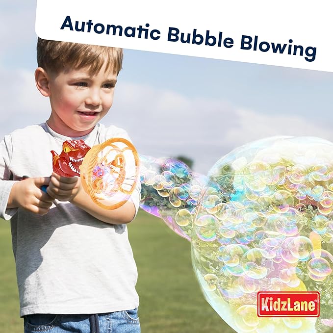Kidzlane Dino Bubble Blower - Super Fun Handheld Bubble Blower Gun - Dinosaur Toy for Kids, Toddlers - Bubble Machine Turns into a Fan - for Parties, Easter Baskets, and Bathtime Fun - Ages 4-8