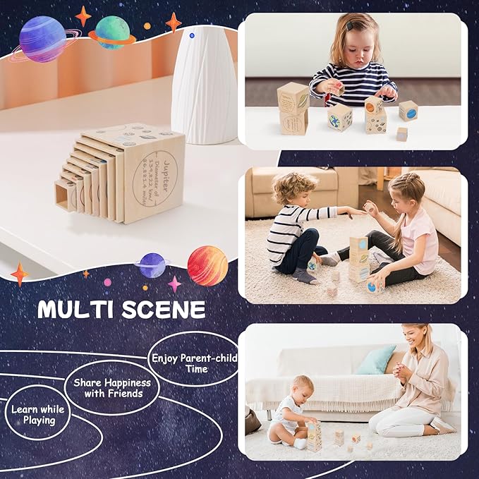 Adena Montessori Preschool Educational Science Toy Set, Stacking Toys for Kids 3+, Wooden Eight Planet Nesting Blocks for Learning Solar System, 8 Pieces