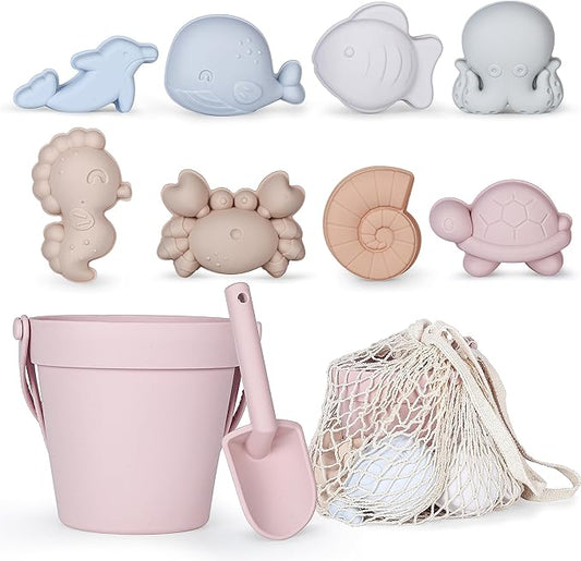 MarcZero 11Pcs Silicone Beach Toys,Modern Baby Beach Toys,Travel Friendly Beach Set,Silicone Bucket, Shovel, 8 Sand Molds, Beach Bag,Silicone Sand Toys for Toddlers, Kids (Pink)