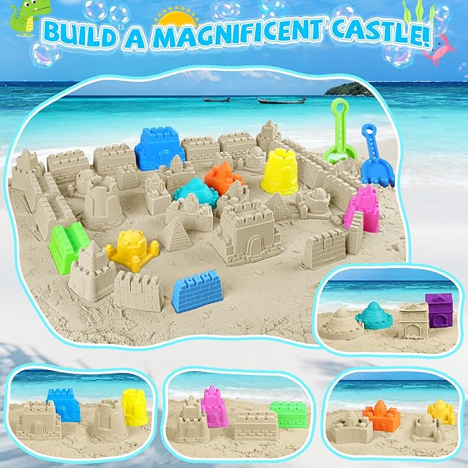 Beach Toys, 40Pcs Sand Toys with 4 Beach Construction Vehicles, 4 Collapsible Beach Bucket, Sand Castle Building Kit, Sand Molds, Shovel Set, Mesh Bag, Summer Outdoor Toys for Kids Ages 4-8