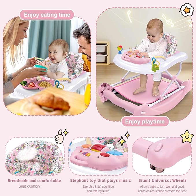 5 in 1 Foldable Baby Walker, Activity Baby Walker-Baby Bouncer, Rocker, Activity Center,Seat and Push Walker,Detachable Trampoline Mat, Adjustable Speed Rear Wheels and Height,Ages 6-18 Months(Pink)