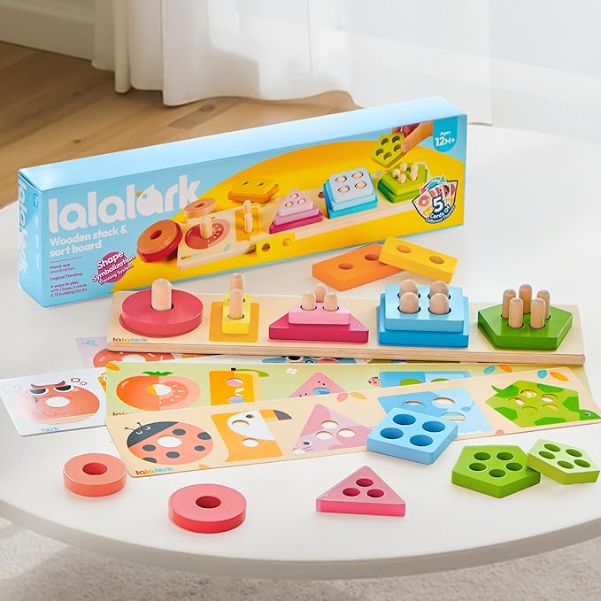 lalalark Montessori Toys for 1 2 3 Year Old Boy Girl, Wooden Sorting & Stacking Toys, Shape Sorter Baby Toy, Educational Sensory Toys for Kids, Wooden Blocks for Toddler 1-3, Christmas Birthday Gifts