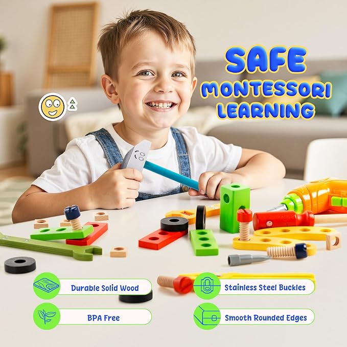 Toddler Tool Set with Drill, Montessori Toys for 3 4 5 6 Years Boys Girls, Toddler Stocking Stuffers, Kids Christmas Toys, 37 Pcs Wooden STEM Construction Learning Pretend Play Games