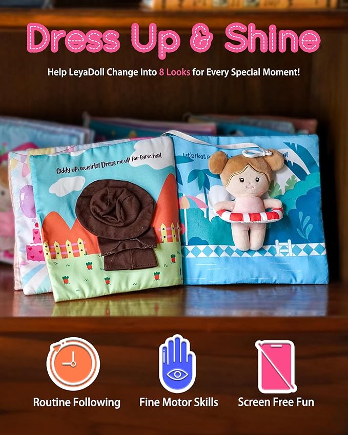 LeyaDoll Interactive Sensory Soft Cloth Book, Educational Crinkle Quiet Activity Busy Book for Babies,Toddler Travel Toy Gift for 1-3 Year Old Boys and Girls (Dress Me Right)
