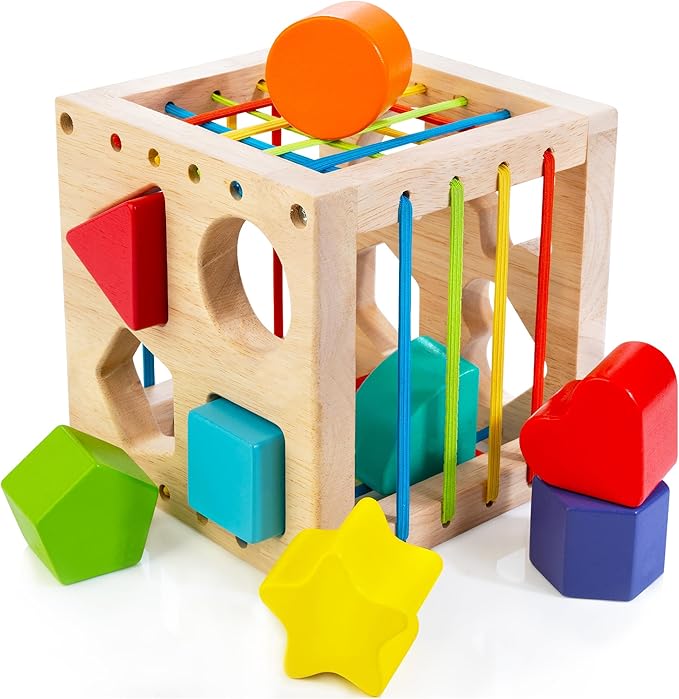 Montessori Toy for Toddlers, Shape Sorter for Babies, Wooden Shape Sorting Cube with 8 Rattling Blocks Baby Toys, Educational Learning Toy, Best Gift for Your Babies Boys Girls