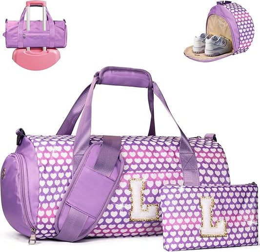 Gifts for Teenage Girl, Girls Travel Duffel Bag, Kids Initial Overnight Bags with Shoe Compartment, Personalized Gym Ballet Dance Bag with Makeup Pouch, Trendy Stuff (Letter L)