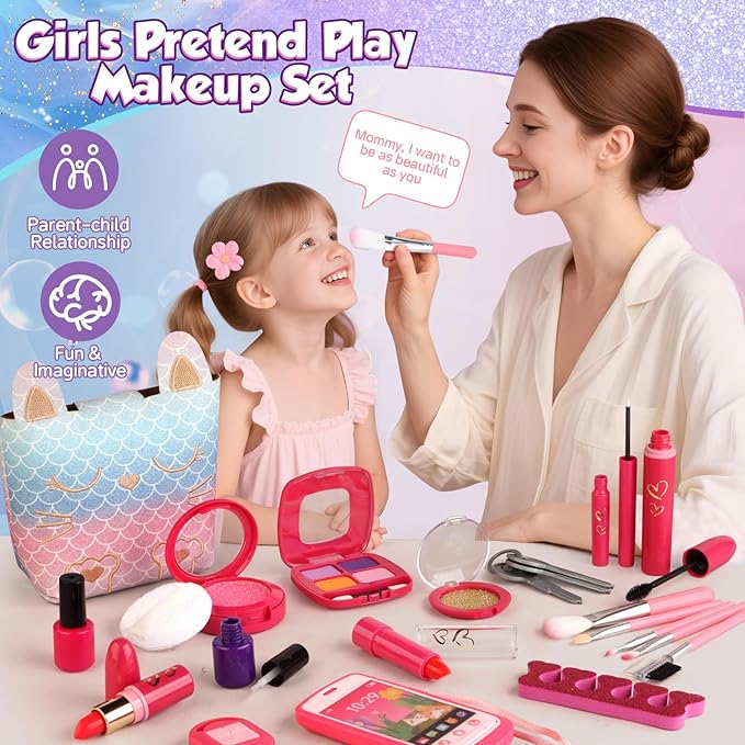 Pretend Makeup for Toddlers, Play Makeup Kit for Little Girls Age 3-5, Mermaid Toy with Fake Make up Set for Kids, Christmas Birthday Gifts for 3 4 5 Year Old Girl