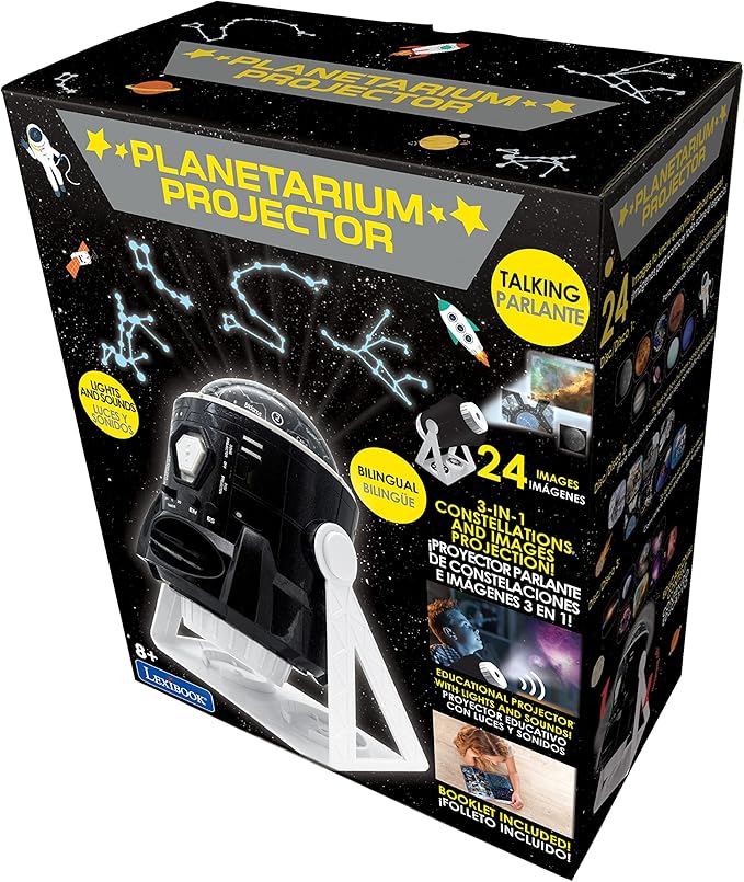 LEXiBOOK Speaking 2-in-1 Constellations and Images Planetarium Projector English/Spanish, 24 Images to Discover Space, 2 Constellation Domes, STEM, Black/White, NLJ181i2