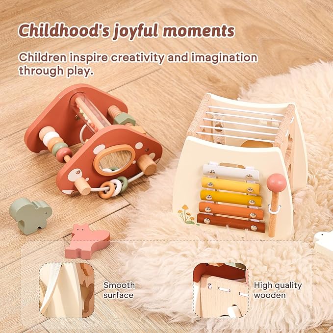 Youuys Wooden Activity Cube - 11-in-1 Montessori Toys for 1+ Year Old Boys & Girls, Multipurpose Educational Sensory Toys for Toddler, First Birthday Gift, Busy Board Toys for 18 Months (Mushroom)
