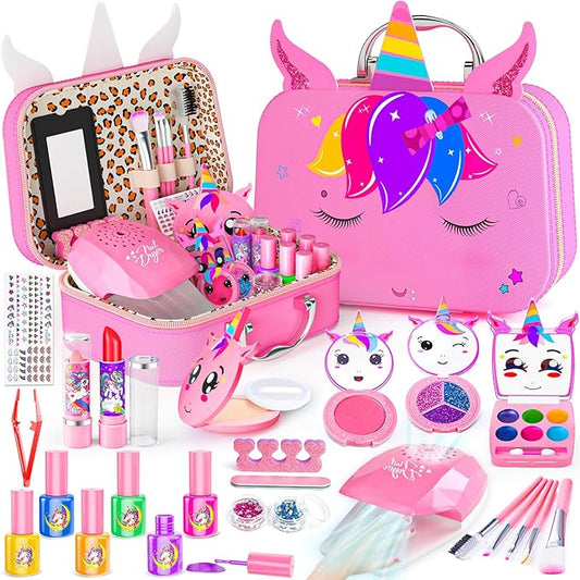 Kids Makeup Kit for Girl - 2 in 1 Kids Washable Makeup Toys & Nail Art Kit with Nail Dryer and Storage Case, Real Girl Makeup Set Birthday Gifts Toys for 3 -12 Year Old Girls, Pink