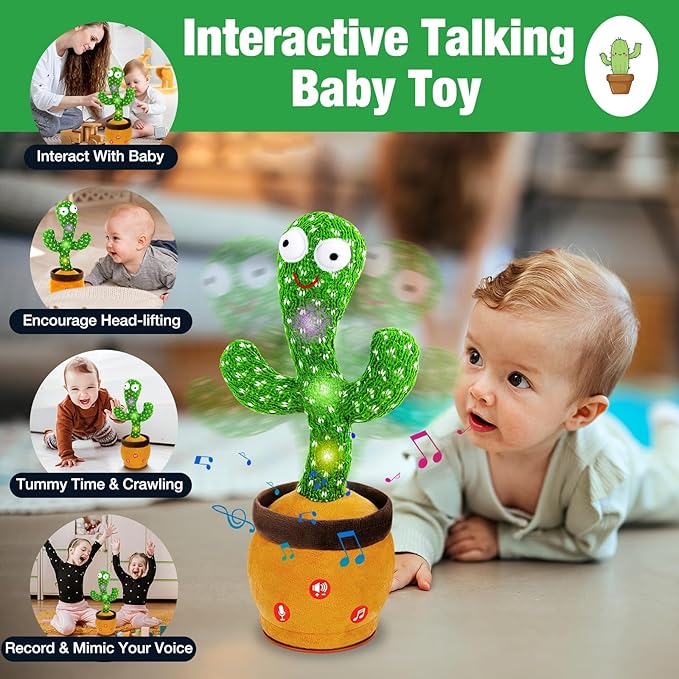 Ayeboovi Dancing Talking Cactus Baby Toys, Interactive Toy Repeating Records What You Say, Volume Adjustable Singing Cactus Toddler Toys with 120 Songs, Stocking Stuffers for Kids