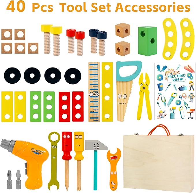 KIDWILL Kids Tool Set with Electric Drill & DIY Stickers, Toddler Tool Set for Kids Ages 3-5 Year Old Boys Girls, Pretend Play STEM Montessori Educational Construction Toys