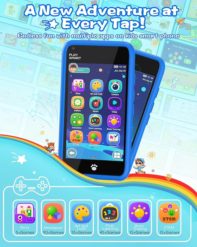 MOMILLA Kids Toys Smart Phone, 3.97" Touchscreen, Christmas Birthday Gifts for Kids, 16GB Toddler Learning Cell Phone with Games, Boys Girls Toys for Age 3 4 5 6 7 8 9 Year Old (Front Camera Only)