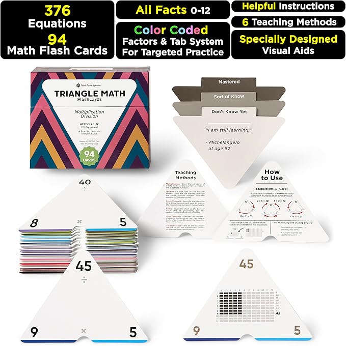 Award-Winning Triangle Math Flash Cards – 376 Multiplication & Division Facts (0–12) – Mastery-Based, Color-Coded Learning for Grades 3–6 – Durable Cards with Visual Aids