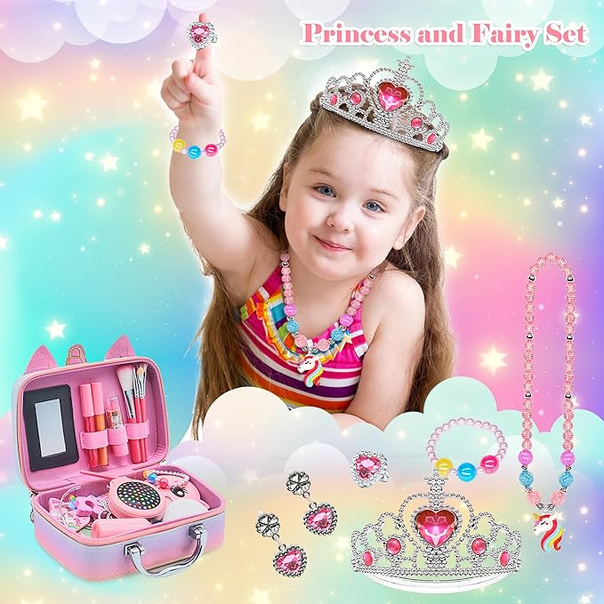 Kids Real Makeup Kit for Girls - 63Pcs Non-Toxic Washable Little Girls Make Up Toys, Princess Cosmetics Set for Toddlers to Tweens