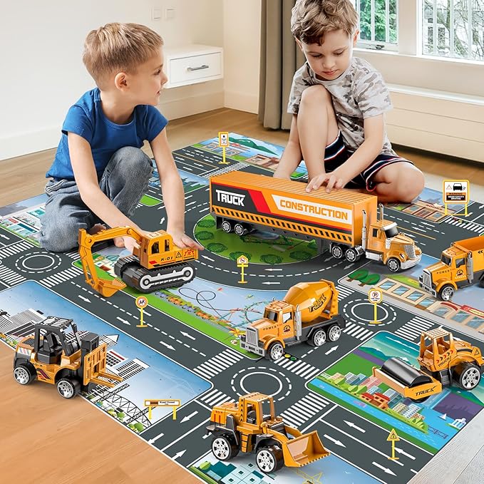 Construction Toys for 3 4 5 6 Years Old Boys Girls Kids, Die Cast Metal Truck Toys W/Play Mat, Sand Toys Trucks Excavator, Dump Truck, Road Roller, Cement Mixer, Car Toys Set for Kids Toddler