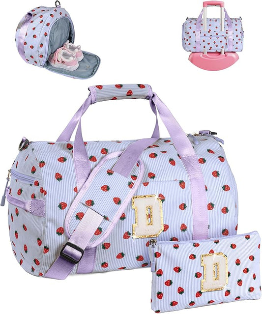 10 Year Old Girl Birthday Gifts, Girls Gym Bag, Kids Personalized Overnight Duffle Bags with Shoe Compartment, Monogram Travel Tote with Makeup Bag, Gift for Gymnastics Girl (Letter D)