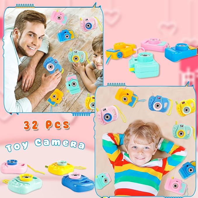 32 Pcs Mini Toy Camera Bulk Set Plastic Camera with Lmages in Viewfinder Pretend Play Prop for Kids Birthday Party Favors Classroom Prizes Goodie Bag Fillers