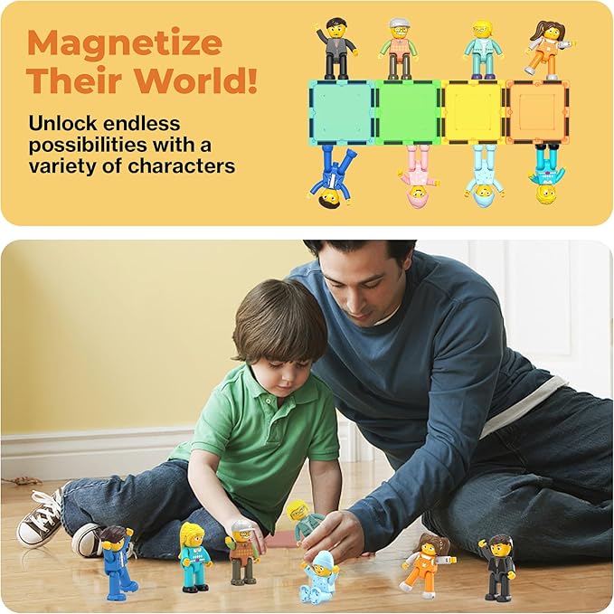 PicassoTiles 8 Piece Magnetic Action Figures Family Character Set Compatible with Magnet Tile Building Blocks STEM Educational Toy for Kids Pretend Play Construction Expansion Pack Creative Play PTA11