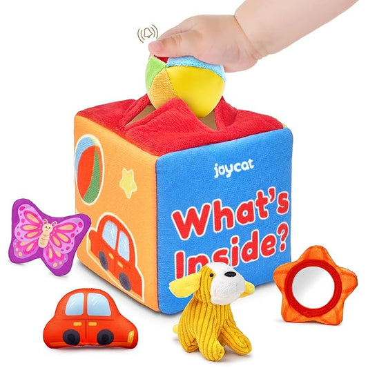 JoyCat What's Inside Box - Mystery Soft Box with 5 Sensory Objects, Rattle, Crinkle Paper, Mirror - Baby Toys 6-12 Months, Soft Busy Travel Toys - Christmas Basket Stocking Stuffers