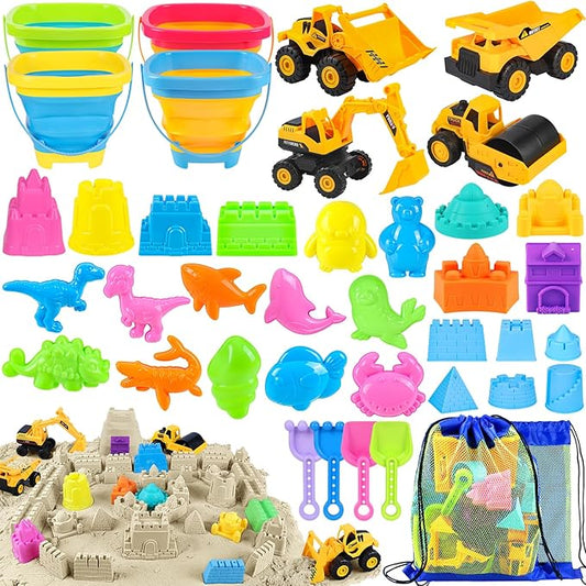 Beach Toys, 40Pcs Sand Toys with 4 Beach Construction Vehicles, 4 Collapsible Beach Bucket, Sand Castle Building Kit, Sand Molds, Shovel Set, Mesh Bag, Summer Outdoor Toys for Kids Ages 4-8