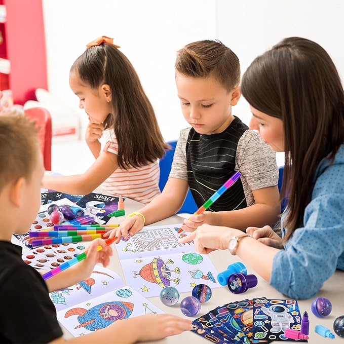 BenLouis 84Pcs Outer Space Themed Party Favors Space Alien Coloring Books Crayons Sticker Stampers Set Bulk Classroom Prizes for Kids Astronaut Planet Birthday Party Goodie Bags Fillers
