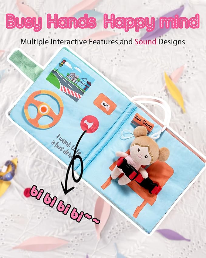 LeyaDoll Interactive Sensory Soft Cloth Book, Educational Crinkle Quiet Activity Busy Book for Babies,Toddler Travel Toy Gift for Boys and Girls (I Want to Be)