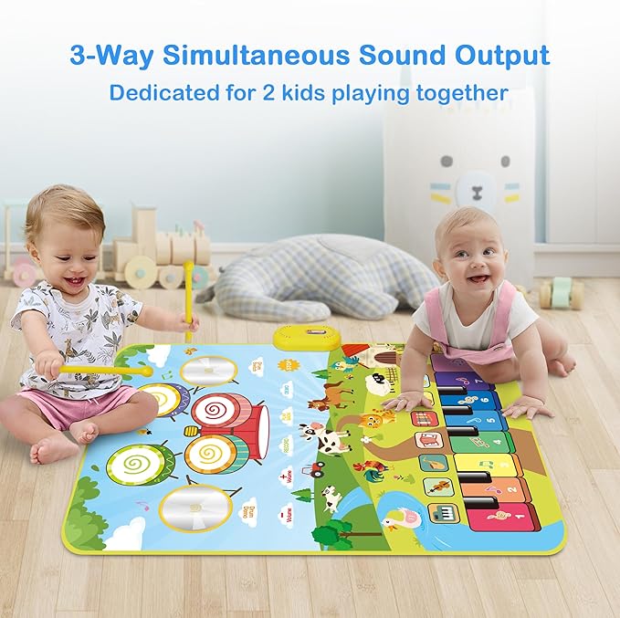 Foki Piano Mats, 3-in-1 Animal Musical Play Mat with Piano & Drum for Montessori Sensory Early Educational Musical Learning Toys, Ideal Birthday Toy for Baby Girls, Boys, Toddlers, Ages 1-5 Years Old