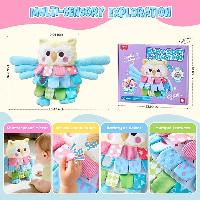 JoyCat Baby Tummy Time Toys 0-12 Months, Sensory Owl Stuffed Animal, Soft Montessori Infant Toy with Textured Crinkle Mirror, 13 Inch Carseat Toy for Newborn Boy Girl Shower Christmas Gift