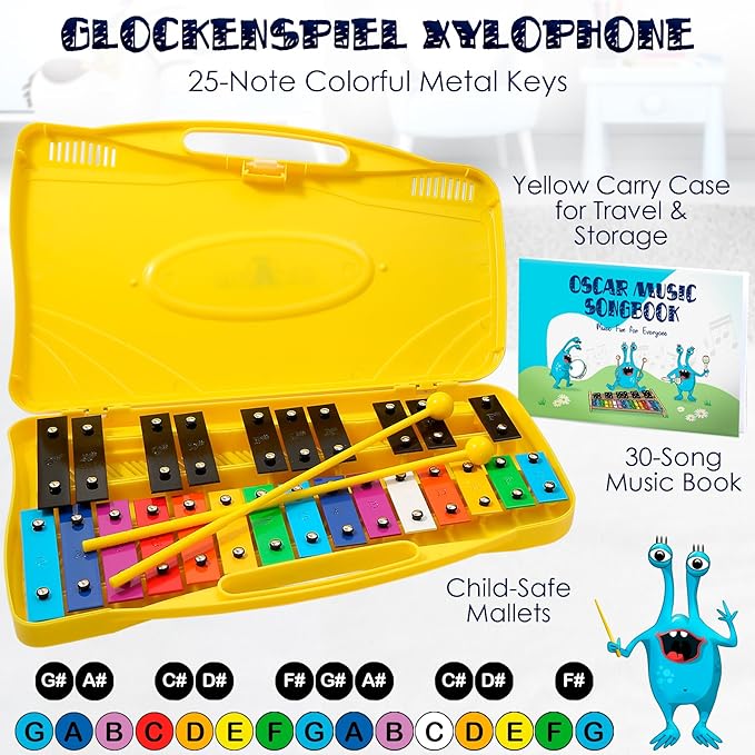 MINIARTIS Glockenspiel Xylophone | 25 Note Colorful Metal Keys Xylophone for Kids | Percussion Musical Instrument | Educational Music Toy Includes Music Songbook, Mallets and Yellow Carry Case